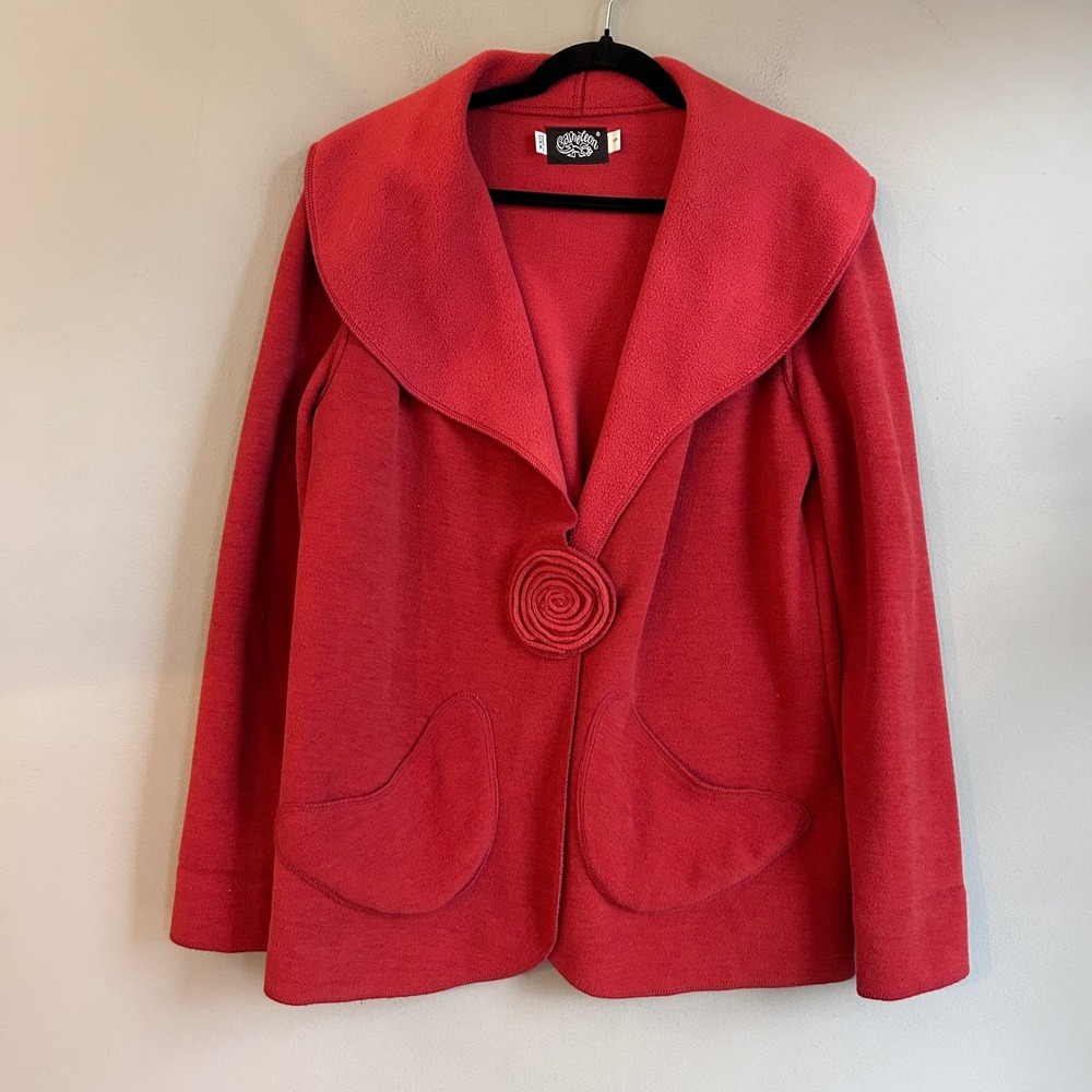Cameleon Red Wool Blend Rosette Snap Shawl Collar Jacket Made in USA Small